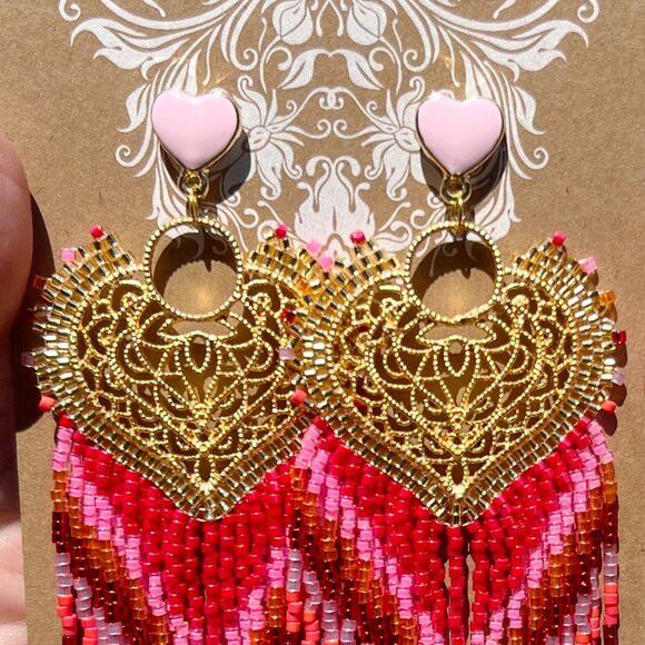 Handmade Beaded Long Fringe Dangle Drop Lightweight Sweetheart Post Earrings - Picture 4 of 10